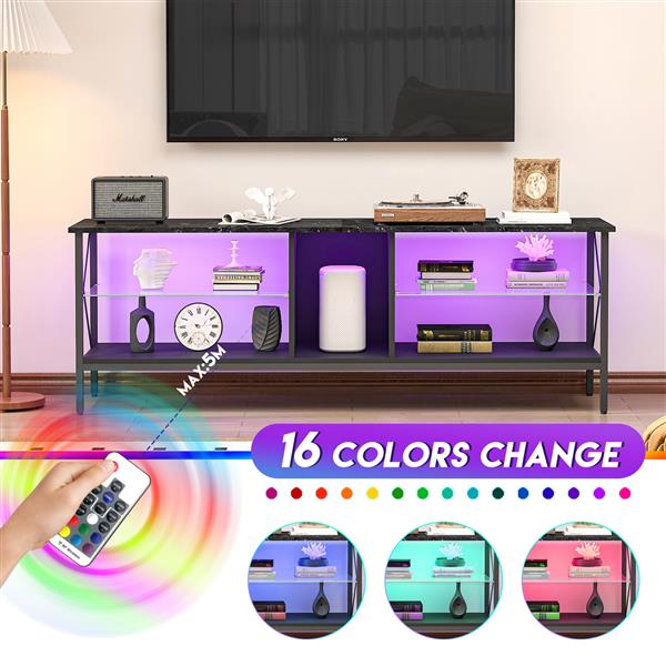 TV stand,Iron TV cabinet,entertainment center, TV set, media console, with LED lights, remote control,toughened glass stand,can be placed in the living room, bedroom, color:black with marble texture