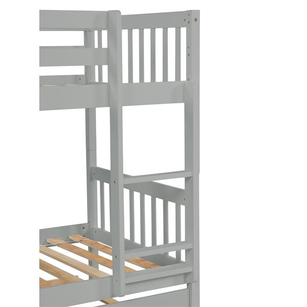 Twin Over Twin Bunk Beds with Trundle, Solid Wood Trundle Bed Frame with Safety Rail and Ladder, Kids/Teens Bedroom, Guest Room Furniture, Can Be converted into 2 Beds,Grey