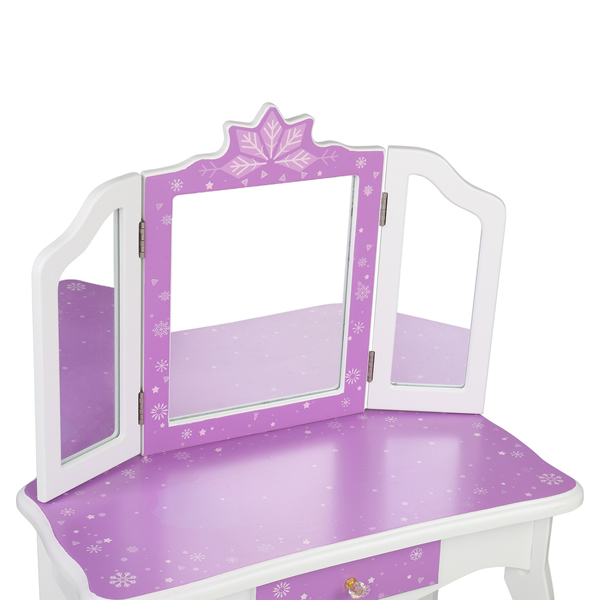 Children's Wooden Dressing Table Three-Sided Folding Mirror Dressing Table  Chair Single Drawer Purple   Snowflake Style