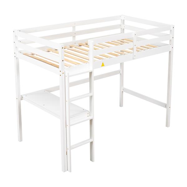 Twin Loft Pine Wood Bed with  built-in desk, Safety Guardrails, Ladder,White