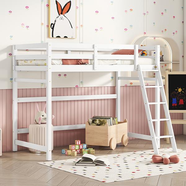 Twin Size High Loft Bed with inclined Ladder, Guardrails,White