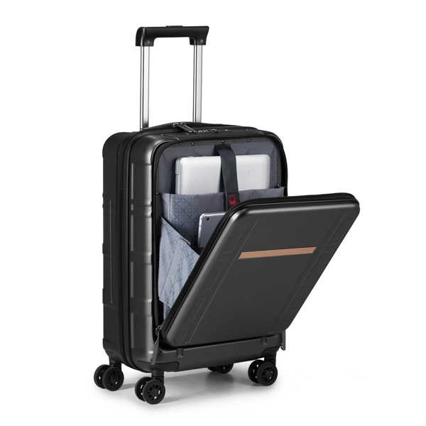 Carry on Luggage 22 X 14 X 9 Airline Approved, ABS+PC 20 Inch Luggage with Front Compartment, Double Spinner Wheels, TSA Lock，Black Color