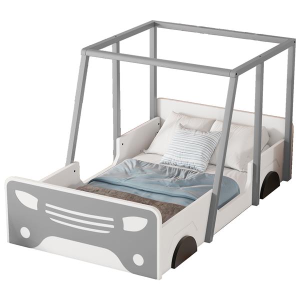 Twin Size Car-shaped Bed with Roof,Wooden Twin Floor Bed with wheels and door Design,Montessori Inspired Bedroom,Grey