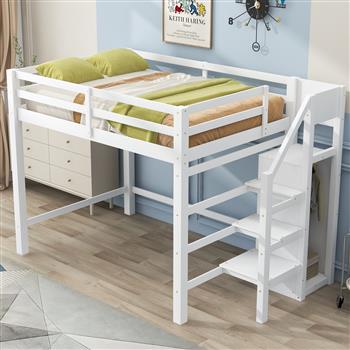 Full Size Loft Bed with Built-in Storage Wardrobe and Staircase, White