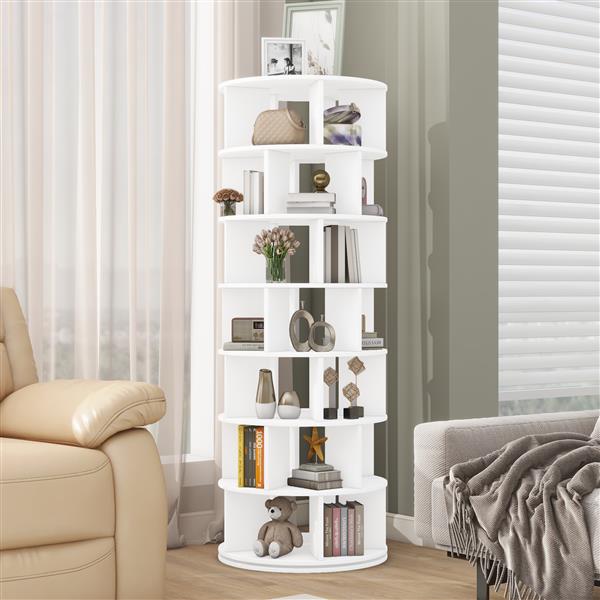 Φ23.6'' Rotating Shoe Rack Tower, 7-Tier Spinning Shoe Shelf with 5 Grids Per Layer, Display Rack, 360° Revolving Shoe Carousel Closet Organizer for Entryway, Living Room, White