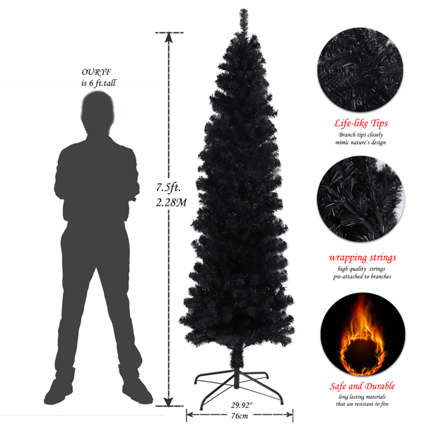 7.5FT Black Slim Artificial Christmas Tree Includes Foldable Metal Stand 