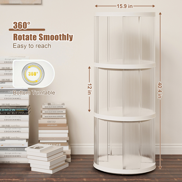 360° Rotating Bookshelf, Small Corner Bookcase with Small Footprint, 3 Tier Floor Standing Bookcasefor Kids&Adults, Narrow Book Shelf Organizer for Bedroom, Living Room, Round, White 