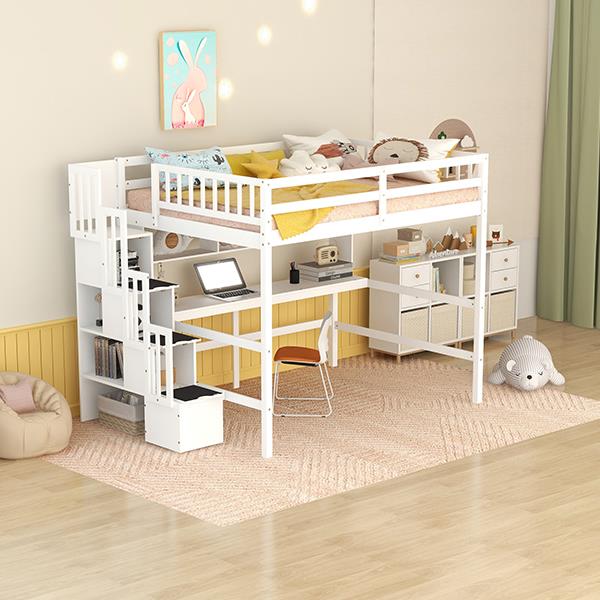 Full Size Loft Bed with Built-in Desk, Bookshelves and Storage Staircase,White