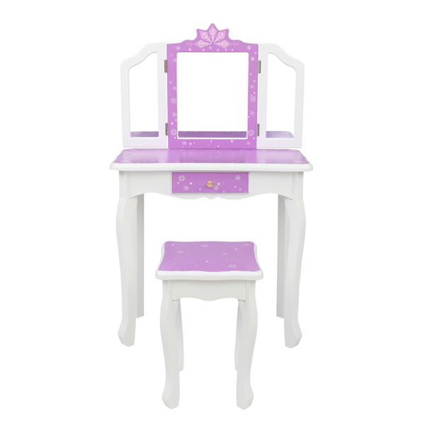 Children's Wooden Dressing Table Three-Sided Folding Mirror Dressing Table  Chair Single Drawer Purple   Snowflake Style