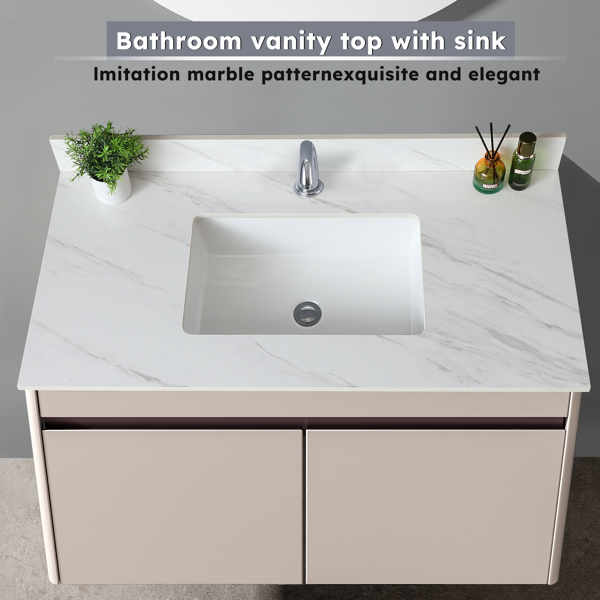 43 Inch Marble Vanity Top, White Vanity Top with Pre-drilled Faucet Holes, Bathroom Vanity Top with Undermount Rectangular Middle Sink and 4" Height Backsplash Single Hole