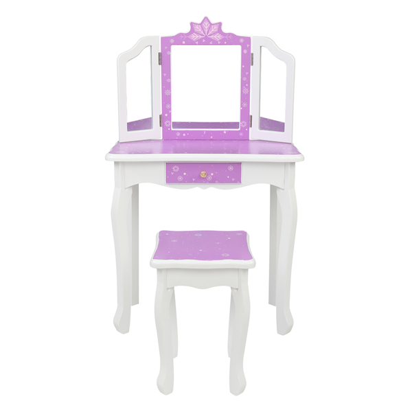 Children's Wooden Dressing Table Three-Sided Folding Mirror Dressing Table  Chair Single Drawer Purple   Snowflake Style