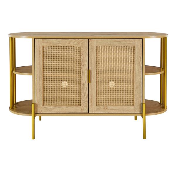 2-Door Elegant Curved Dining Cabinet with Gold Trim and Woven Rattan Doors for Dining Room (Natural)