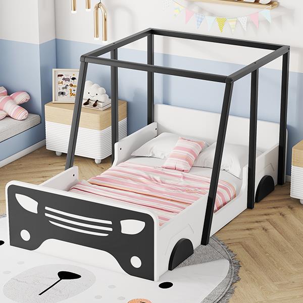 Twin Size Car-shaped Bed with Roof,Wooden Twin Floor Bed with wheels and door Design,Montessori Inspired Bedroom,Black