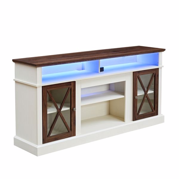 LED Farmhouse Style TV Stand for 65/70/75 inch TV with Outlet, Tall Body Media Entertainment Center Console, Adjustable Storage Shelves and Glass Door Cabinet