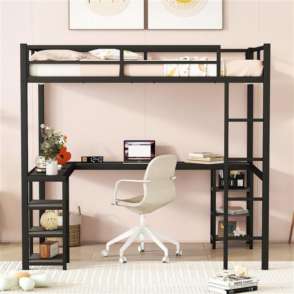 Full Metal Loft Bed with Desk and Shelves, Loft Bed with Ladder and Guardrails, Loft Bed Frame for Bedroom, Black with black desk