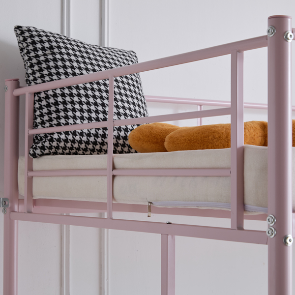 Twin Size Metal Loft Bed with Safety Guardrails & 2 Built-in Ladders, Loft Bunk Bed Frame for Teens Juniors Adults, Space Saving, Noise Free, No Box Spring Needed, Pink