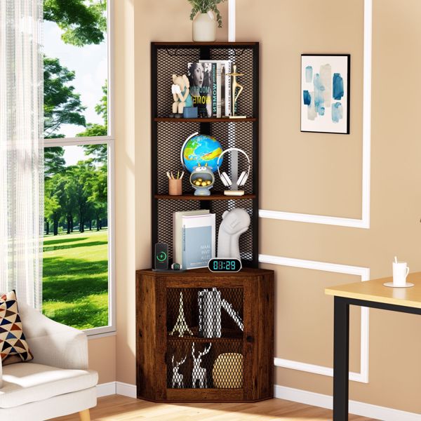 Corner Shelf with Doors, 65" Corner Cabinet  & Wine Glass Rack, 6 Tier Bookshelf Display, Freestanding Corner Storage Stand for Kitchen, Living Room, Balcony[Unable to ship on weekends, please note]