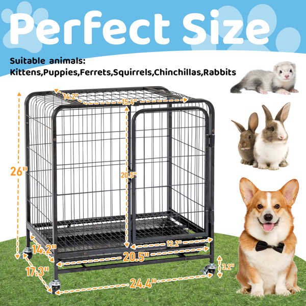 26 Inch Durable Cat Cage, Thickened Metal Wire Cat Enclosure Indoor with Double Doors, Lockable Wheels and Slide-out Trays, Black