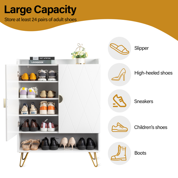 FCH V-Shaped Carved Door Panel, Double Door with Top Baffle, Shoe Cabinet, Particle Board, 80*37*110cm, White Cabinet + Gold Accessories