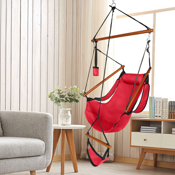 Oxford Cloth Hardwood With Cup Holder Wooden Stick Perforated 100kg Seaside Courtyard Oxford Cloth Hanging Chair   Red