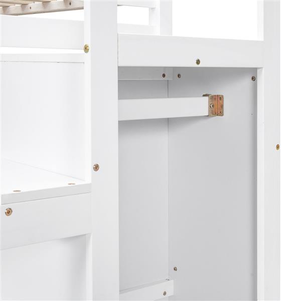 Full Size Loft Bed with Built-in Storage Wardrobe and Staircase, White