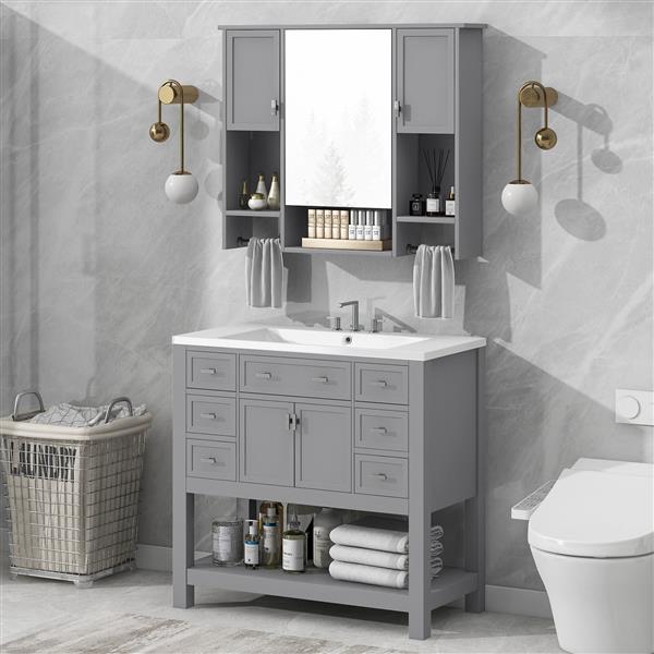 36'' Bathroom Vanity with Top Sink, Modern Mirror Cabinet with Towels Bar, Bathroom Storage Cabinet with 2 Soft Closing Doors and 6 Drawers, Single Sink Bathroom Vanity