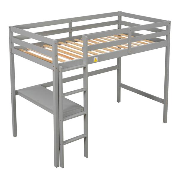 Twin Loft Pine Wood Bed with  built-in desk, Safety Guardrails, Ladder,Grey