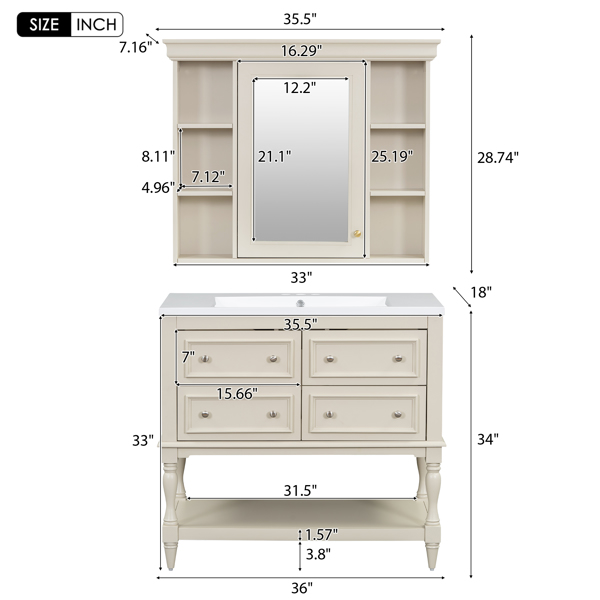 36'' Bathroom Vanity with Medicine Cabinet, Modern Mirror Cabinet with Adjustable Shelf, Bathroom Storage Cabinet with 4 Drawers, Solid Wood Frame Bathroom Storage Cabinet 