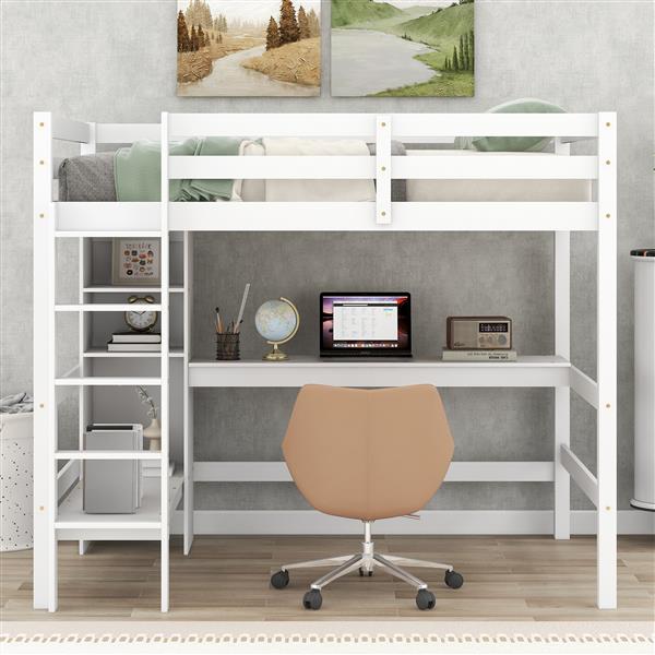 Full Size Loft Bed with Multifunction Shelves and Under-bed Desk, White