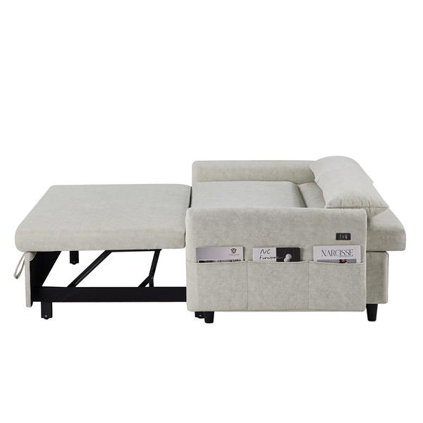 55.1" Pull Out Sleep Sofa Bed Loveseats Sofa Couch with Adjsutable Backrest, Storage Pockets, 2 Soft Pillows, USB Ports for Living Room, Bedroom, Apartment, Office, Beige