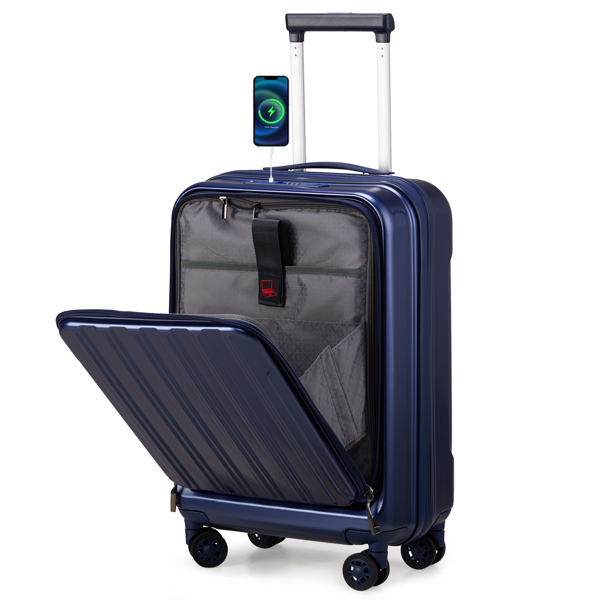 Expandable Carry on Luggage 22 ×14 × 9 Airline Approved with USB Port, ABS+PC 20 Inch  Luggage with Front Compartment, Double Spinner Wheels, TSA Lock, Navy Blue