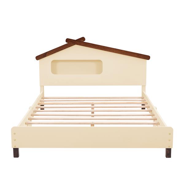 Full Size Wood Platform Bed with House-shaped Headboard and Motion Activated Night Lights (Cream+Walnut)