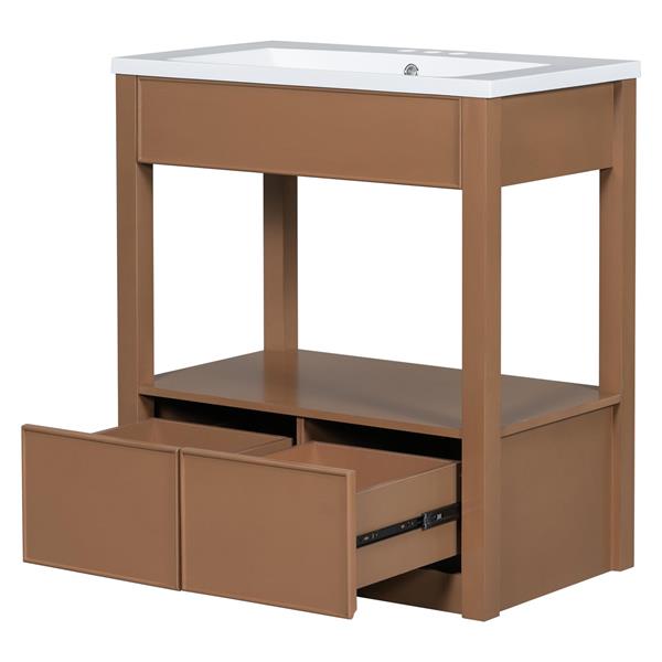 30" Bathroom Vanity with Sink Top, Bathroom Cabinet with Open Storage Shelf and Two Drawers, Brown