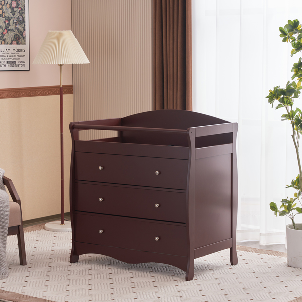 【Old Code:62594198】90*58*99cm Three Drawers With Seat Belt Baby Wooden Bed Nursing Table Brown