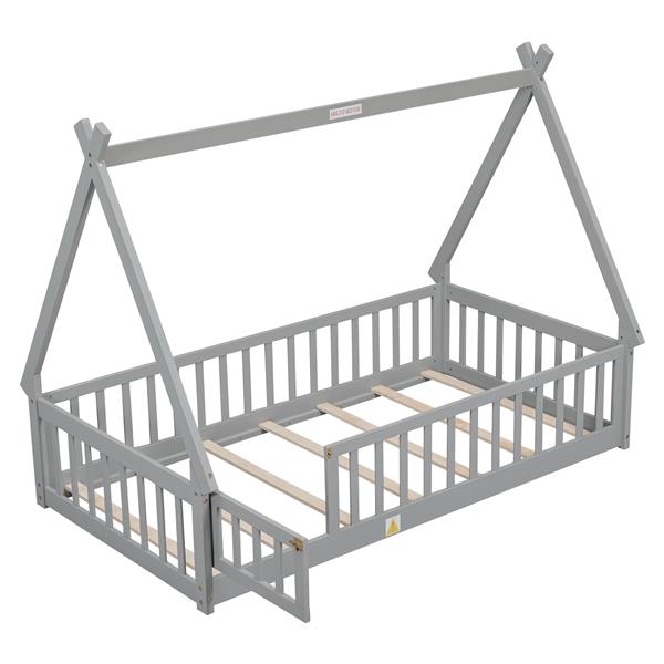 Twin Tent-shaped Floor Bed, with Guardrails, Slats, Door ,Grey