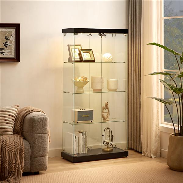 4-Tier Glass Display Cabinet, Double Door Glass Cabinet, Four Partitions, Two Locks, Floor Standing Storage Cabinet for Living Room, Bedroom, Showroom and Office, Black, 31.5"L x 14.2"W x 66.3"H