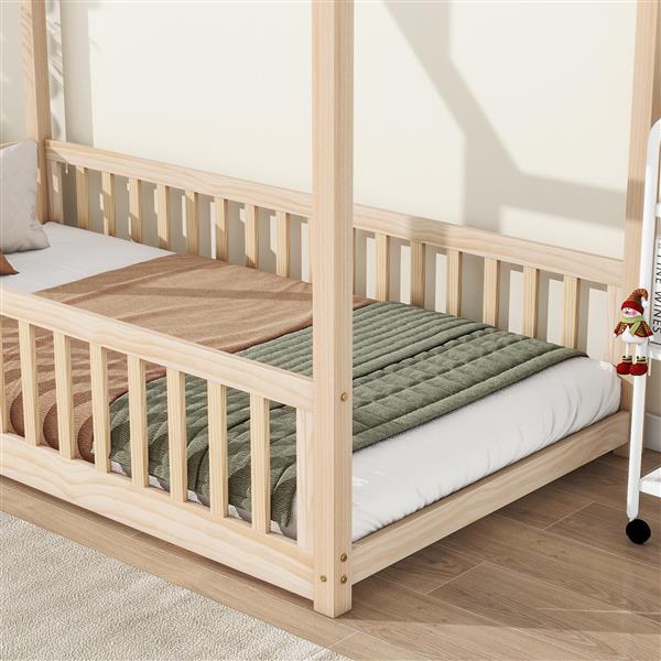 Twin House Bed with Guardrails, Slats ,Natural