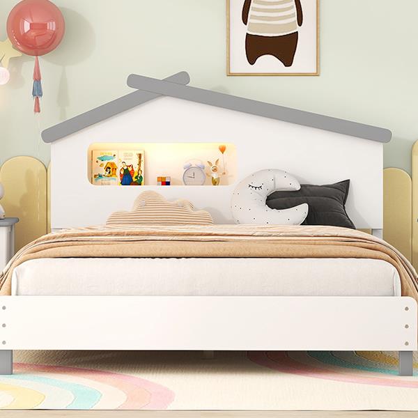 Full Size Wood Platform Bed with House-shaped Headboard and Motion Activated Night Lights (White+Gray)