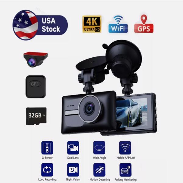 4K HD 1080P DVR Car Dual Lens Dash Cam WiFi GPS Front/Rear Video Recorder Camera