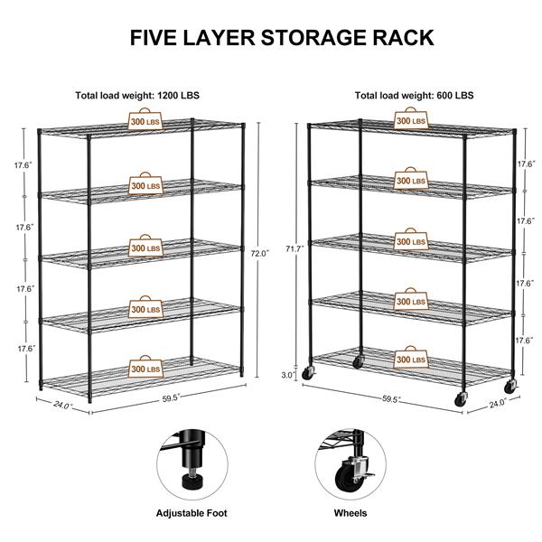 Warehouse, supermarket,kitchen,and other 5-layer heavy-duty adjustable shelves with wheels and adjustable feet,each metal frame bearing 300 pounds.  59.45 "L × 24.02 "W × 71.65 "H,Black.