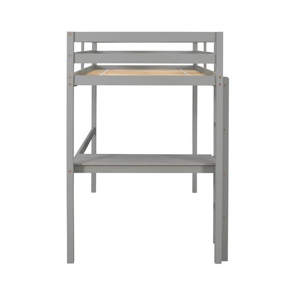 Twin Loft Pine Wood Bed with  built-in desk, Safety Guardrails, Ladder,Grey