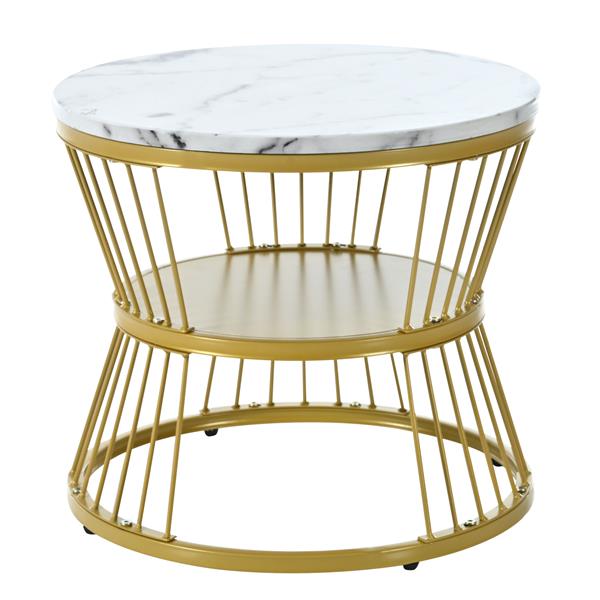 [VIDEO provided] Φ27.5'' & Φ17.7'' Nesting Coffee Table with Marble Grain Table Top, Golden Iron Frame Round Coffee Table, Set of 2, for Living Room, Balcony, White