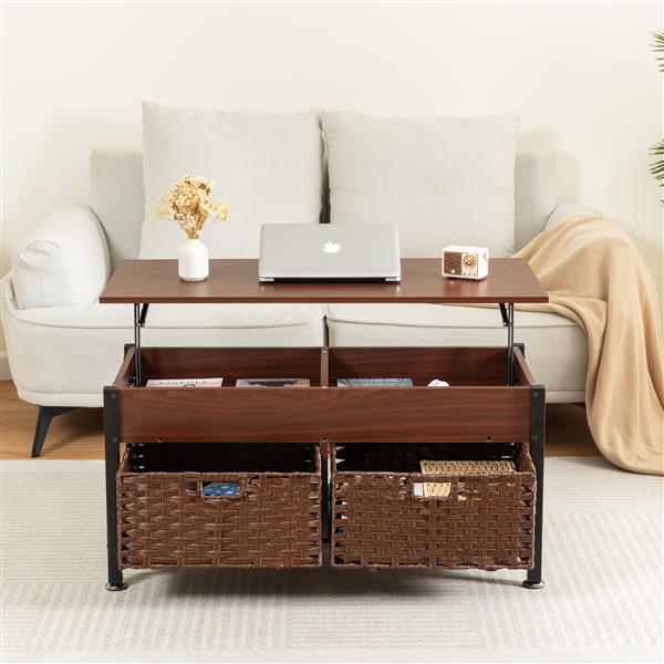 Metal coffee table,desk,with a lifting table,and hidden storage space.There were two removable wicker baskets that could be placed in any space such as the living room,color:brownwith solid wood grain