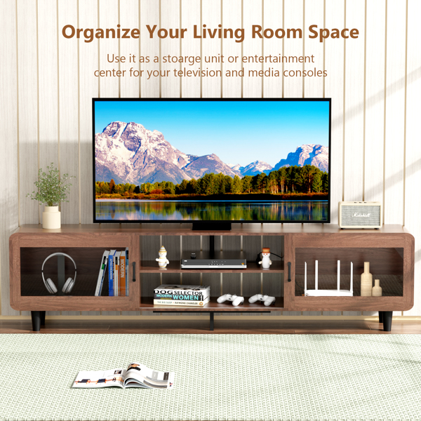 TV Stand for 55/60/65/70", Wood Entertainment Center with Power Outlets, Media Console with Sliding Doors and Open Shelf for Living Room, Walnut[Unable to ship on weekends, please note that]