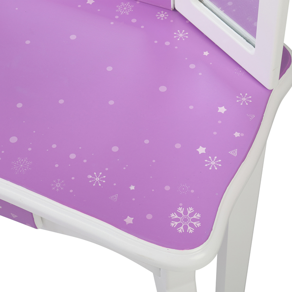 Children's Wooden Dressing Table Three-Sided Folding Mirror Dressing Table  Chair Single Drawer Purple   Snowflake Style