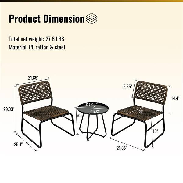 Patio Furniture Set 3 Piece Mixture Pattern PE Rattan Steel Frame And Modern Round Table, Brown and Black