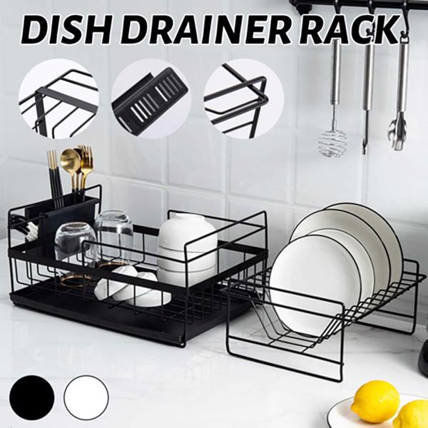 2 Tier Kitchen Sink Dish Drainer Rack with Drip Tray Cutlery Holder Plate UK