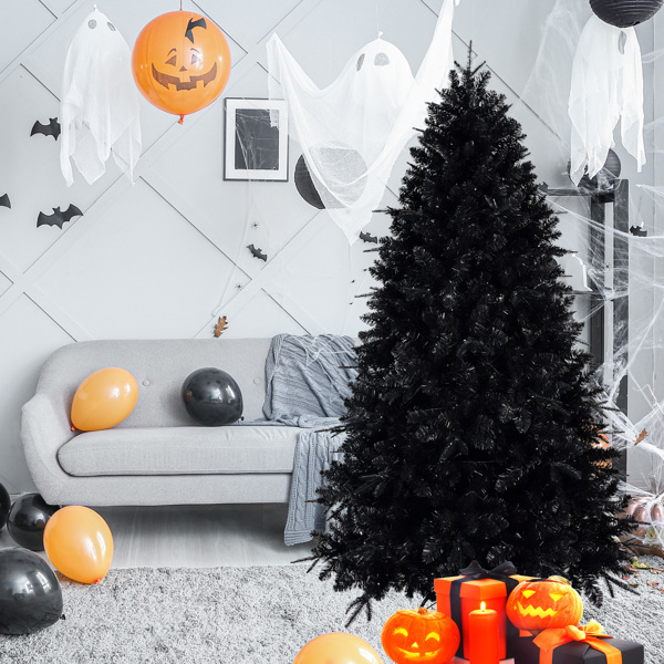 7.5ft Pre-Lit Black Christmas Tree, Full Halloween Xmas Artificial Tree 2156 Branch Tips, 500 Lights, Metal Hinges, Foldable Base, Holiday Decoration - Black 