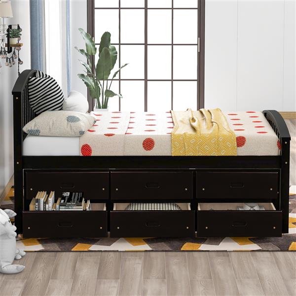 . Twin Size Platform Storage Bed Solid Wood Bed with 6 Drawers