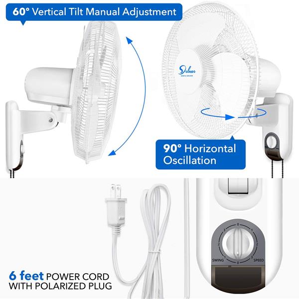 Simple Deluxe Household Wall Mount Fans 16 Inch Adjustable Tilt, 90 Degree, 3 Speed Settings, 1 Pack, White